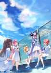  5girls :d ^_^ absurdres animal_ears blonde_hair blue_eyes blue_sky chain-link_fence chestnut_mouth closed_eyes clouds commentary_request fence green_eyes grey_hair hair_wings hakui_koyori highres holohoneygaoka_high_school_uniform holohoneygaoka_koukou hololive holox honeyworks horns kazama_iroha kumanoaburi la+_darknesss long_hair medium_hair multicolored_hair multiple_girls open_mouth pink_hair ponytail sakamata_chloe school_uniform sitting sky smile sparkling_eyes squatting tail takane_lui virtual_youtuber white_hair wolf_ears wolf_tail yellow_eyes 