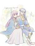  1boy 1girl blue_hair boots brother_and_sister cape circlet dress fire_emblem fire_emblem:_genealogy_of_the_holy_war floral_background headband highres julia_(fire_emblem) kuohsan long_hair looking_at_another open_mouth ponytail purple_hair seliph_(fire_emblem) siblings sitting violet_eyes white_headband 