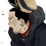  1boy black_hair black_jacket chengongzi123 chromatic_aberration facial_hair goatee_stubble golden_kamuy hat highres hood hooded_jacket jacket looking_to_the_side male_focus military_hat military_uniform open_mouth short_hair simple_background stubble tsukishima_hajime uniform upper_body very_short_hair white_background 