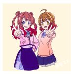  2girls ahoge blazer blue_eyes blue_ribbon blue_skirt blush brown_hair character_request commentary_request gakuen_idolmaster grin hanami_saki hand_on_own_hip highres idolmaster jacket kelvin1996c long_hair long_sleeves looking_at_viewer medium_hair multiple_girls open_mouth pink_jacket pink_sweater redhead ribbon sidelocks skirt smile sweater twintails v v-shaped_eyebrows yellow_background yellow_eyes 