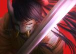  1boy artist_name black_hair blunt_bangs commentary english_commentary hair_ornament hair_ribbon highres katana kikunojo_(one_piece) long_hair male_focus mask nzkn one_eye_covered one_piece red_background red_ribbon ribbon simple_background solo sword weapon 