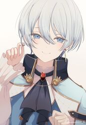  ascot black_ascot blue_eyes blue_hair blush earrings embarrassed gem hair_between_eyes highres jewelry light_blue_hair looking_at_viewer official_alternate_costume official_alternate_hair_length official_alternate_hairstyle pendant project_sekai red_gemstone relax_teatime_(project_sekai) short_hair umemori33_e yoisaki_kanade 