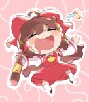  1girl alcohol ascot bottle bow brown_hair chibi cup detached_sleeves drooling drunk frilled_bow frilled_hair_tubes frills hair_bow hair_tubes hakurei_reimu holding holding_bottle mikako_chan3 red_bow red_skirt ribbon-trimmed_sleeves ribbon_trim skirt skirt_set sleeping solo touhou unconscious water yellow_ascot 