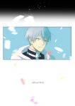  1boy black_jacket blue_eyes blue_hair capelet chamwa closed_mouth commentary english_commentary english_text falling_petals highres himmel_(sousou_no_frieren) jacket male_focus petals short_hair smile solo sousou_no_frieren white_capelet 