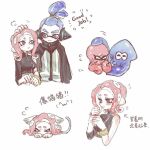  1boy 1girl agent_3_(splatoon) agent_8_(splatoon) animal_ears arrow_(symbol) black_cape black_eyes blue_eyes blue_hair breasts cape cat_ears cat_tail chinese_commentary chinese_text closed_mouth film_grain headgear high-visibility_vest inkling inkling_boy inkling_player_character looking_at_another medium_breasts medium_hair motion_lines octoling octoling_girl octoling_player_character octopus parted_lips ponytail redhead simple_background single_bare_shoulder single_sleeve smile splatoon_(series) splatoon_2 splatoon_2:_octo_expansion squid suction_cups tail tentacle_hair thenintlichen96 translation_request white_background 