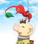  1boy backpack bag big_nose black_eyes blue_sky brown_hair closed_eyes clouds colored_skin commentary_request creature_on_head day helmet holding leaf leaning_forward male_focus naru_(wish_field) no_mouth olimar open_mouth outdoors patch pikmin_(creature) pikmin_(series) pointy_ears pointy_nose radio_antenna red_bag red_pikmin red_skin short_hair sky smile space_helmet spacesuit teeth upper_body upper_teeth_only very_short_hair 