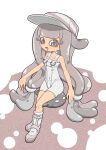  1girl bodysuit grey_eyes grey_hair harmony&#039;s_clownfish_(splatoon) harmony_(splatoon) hat highres kazamidoririnn splatoon_(series) splatoon_3 splatoon_3:_side_order striped_clothes striped_headwear tentacle_hair white_bodysuit white_footwear 