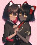  2girls absurdres animal_ear_fluff animal_ears black_hair black_jacket black_shirt blush breasts closed_mouth dark-skinned_female dark_skin flower hair_between_eyes hair_flower hair_ornament hairclip highres indie_virtual_youtuber jacket looking_at_viewer medium_breasts multiple_girls open_mouth pink_background sakura_chiyo_(konachi000) sakuraba_chiyo shirt short_hair smile very_dark_skin virtual_youtuber yellow_eyes 