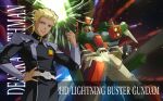  1boy blonde_hair dark-skinned_male dark_skin dearka_elsman energy_beam energy_gun firing gun gundam gundam_seed gundam_seed_freedom holding holding_weapon lightning_buster_gundam long_sleeves lukaaa mecha military military_uniform mobile_suit robot science_fiction short_hair uniform v-fin violet_eyes weapon zaft_uniform 