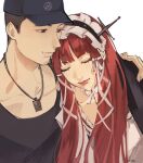  1boy 1girl baseball_cap black_hair black_jacket black_tank_top blunt_bangs closed_eyes closed_mouth collar collarbone commentary couple detached_collar dress facial_hair frilled_collar frilled_hairband frills hair_ribbon hairband hand_on_another&#039;s_shoulder hat head_on_another&#039;s_shoulder highres iori_junpei jacket jacket_on_shoulders jewelry kurorium lips long_hair necklace persona persona_3 persona_3_reload redhead ribbon short_hair sidelocks sleeping symbol-only_commentary tank_top very_short_hair white_background white_dress white_hairband white_ribbon yoshino_chidori 