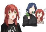  2girls black_shirt blue_hair blush bocchi_the_rock! brown_sailor_collar collared_shirt commentary_request eating food green_eyes hair_between_eyes hair_ornament hairclip highres holding holding_food holding_vegetable kanaria_hisagi kita_ikuyo long_hair long_sleeves multiple_girls open_mouth redhead sailor_collar school_uniform serafuku shirt short_hair shuka_high_school_uniform sparkling_eyes t-shirt translation_request vegetable yamada_ryo yellow_eyes 