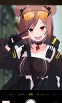  1girl absurdres ammunition_pouch black_gloves black_jacket breasts brown_hair choker double_bun eyewear_on_head girls_frontline gloves hair_bun hair_ornament hand_up highres jacket open_mouth p90_(girls&#039;_frontline) partially_fingerless_gloves potryka2000 pouch red_eyes short_hair smile solo straight-on sunglasses teeth upper_body upper_teeth_only user_interface 