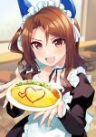  1girl absurdres animal_ears apron atelier_z44 bandaid bandaid_on_hand blurry blurry_background brown_hair ear_covers food frilled_apron frills hair_between_eyes heart highres holding holding_food horse_ears horse_girl king_halo_(umamusume) long_sleeves looking_at_viewer maid maid_apron maid_headdress omelet omurice open_mouth puffy_long_sleeves puffy_sleeves red_eyes smile solo umamusume upper_body white_apron 