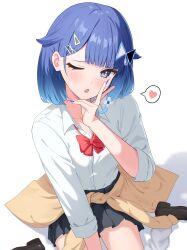  1girl :o absurdres black_shoes black_skirt blue_hair blue_nails blush bow bowtie brown_cardigan cardigan cardigan_around_waist clothes_around_waist commentary_request fake_nails fingernails gerbera152 glint grey_hair gyaru hair_ornament hairclip hand_up heart highres kogal loafers long_sleeves loose_bowtie medium_hair miniskirt one_eye_closed open_mouth parted_bangs red_bow red_bowtie school_uniform shadow shirt shoes simple_background skirt skirt_rolled_up socks solo speech_bubble spoken_heart triangle_hair_ornament tsumugi_kokage virtual_youtuber vspo! white_background white_shirt white_socks x_hair_ornament 