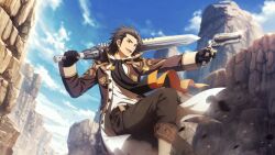 1boy alvin_(tales) artist_request belt black_gloves blue_sky boots brown_belt brown_boots brown_coat brown_eyes brown_hair brown_pants cliff clouds coat commentary day dual_wielding english_commentary feet_out_of_frame game_cg glint gloves gun highres holding holding_gun holding_sword holding_weapon looking_ahead official_art open_mouth pants rock short_hair sky smile solo sword tales_of_(series) tales_of_crestoria tales_of_xillia third-party_source weapon 