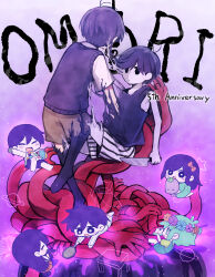  2girls 5boys anniversary antenna_hair aubrey_(headspace)_(omori) aubrey_(omori) ball barefoot basil_(headspace)_(omori) basil_(omori) black_eyes black_hair black_socks black_sweater_vest black_tank_top blue_overalls blue_shirt blush bow bright_pupils brother_and_sister brothers brown_shorts camera checkered_clothes chibi closed_eyes closed_mouth collared_shirt colored_skin commentary_request copyright_name double-parted_bangs dual_persona english_text flower flower_wreath frying_pan green_eyes green_hair green_shirt hair_between_eyes hair_bow head_wreath hector_(omori) hero_(headspace)_(omori) hero_(omori) highres holding holding_ball holding_camera holding_frying_pan holding_knife holding_stuffed_toy kel_(headspace)_(omori) kel_(omori) kneehighs knife long_hair long_shirt looking_at_another mari_(headspace)_(omori) mari_(omori) mr._plantegg_(omori) multiple_boys multiple_girls okudo_(okudo61) omori omori_(omori) open_mouth overall_shorts overalls pajamas pants pet_rock pink_bow pleated_skirt purple_shorts red_skirt shirt short_hair short_sleeves shorts siblings skirt smile socks striped_clothes striped_pajamas striped_pants striped_shorts stuffed_eggplant stuffed_toy sunny_(omori) sweat sweater_vest t-shirt tank_top vertical-striped_clothes vertical-striped_pajamas vertical-striped_pants vertical-striped_shorts white_pajamas white_pants white_pupils white_shirt white_shorts white_skin 