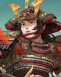  1girl armor black_hair brown_eyes commentary_request helmet japanese_armor japanese_clothes kabuto_(helmet) kote kurokote kusazuri long_hair original samurai shoulder_armor sky solo takahito 
