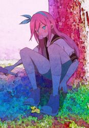  1girl ankle_socks aubrey_(faraway)_(omori) aubrey_(omori) baseball_bat black_sailor_collar blowing_bubble_gum blue_bow blue_eyes blue_hairband blue_shorts blush_stickers bow bow_hairband chewing_gum collared_shirt colorful flower full_body grass hair_bow hairband hand_on_ground highres holding holding_baseball_bat knees knees_up long_hair looking_at_viewer maze_(xxxxmeze) omori outdoors paper_texture pink_hair pink_nails purple_shoes rainbow_gradient sailor_collar sailor_shirt shirt shoes short_sleeves shorts sitting sneakers socks solo tree under_tree white_shirt white_sleeves white_socks yellow_flower 