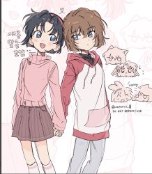  1girl black_hair black_skirt blue_eyes closed_mouth haibara_ai highres holding_hands hood hood_down hoodie jacket long_sleeves looking_at_viewer meitantei_conan open_mouth pleated_skirt short_hair skirt smile standing twitter_username yoshida_ayumi zzpencil 