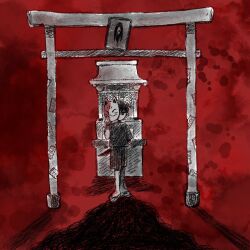  1boy alternate_costume arm_behind_back black_hair black_shorts closed_mouth colored_skin commentary_request expressionless fox_mask holding holding_behind_back holding_knife holding_knife_behind_back holding_mask knife looking_at_viewer male_focus mask omori omori_(omori) sandals short_sleeves shorts solo something_(omori) standing sun_iiinu torii white_skin 