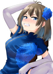  1girl blue_dress blue_eyes breasts brown_hair china_dress chinese_clothes clenched_teeth commentary_request dress elbow_gloves floral_print flower gloves grey_gloves grey_thighhighs hair_flower hair_ornament highres kantai_collection maya_(kancolle) medium_breasts nekotarou_(nktr299) short_hair simple_background solo teeth thigh-highs white_background 