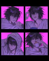  1boy adjusting_eyewear bespectacled black_border black_eyes black_hair border cupcake death_note drying drying_hair food glasses hand_on_own_head hashtag-only_commentary highres l_(death_note) long_sleeves looking_at_viewer looking_to_the_side male_focus multiple_views ooo4oso pink_background shirt short_hair simple_background thumb_to_mouth towel towel_on_head wet white_shirt 