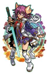  1girl armor bracelet closed_mouth dress energy_ring glowing glowing_sword glowing_weapon gold_horns gold_trim hagoromo harakawa_mitsuhiro holding holding_sword holding_weapon jacket japanese_armor japanese_clothes jewelry light_smile long_sleeves official_art open_clothes open_jacket pink_eyes pink_hair pointy_ears purple_dress reverse_grip shawl shinrabanshou shion_(shinrabanshou) shoes shoulder_armor sode solo sword thigh-highs third-party_source transparent_background weapon white_jacket white_shoes 