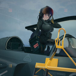  1girl absurdres aircraft airplane black_hair bodysuit breasts commentary english_commentary english_text fighter_jet glasses gloves helmet highres impossible_bodysuit impossible_clothes large_breasts light_smile looking_at_viewer map medium_hair military military_uniform military_vehicle multicolored_gloves original polilla round_eyewear skin_tight solo_focus two-tone_gloves violet_eyes 
