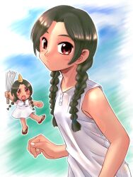  1girl abenobashi_mahou_shoutengai asahina_arumi bad_id bare_arms black_hair braid breasts chibi closed_mouth cone_horns dress fangs hair_over_shoulder hand_fan harisen holding holding_fan horns long_hair looking_at_viewer multiple_views red_eyes sandals single_horn sleeveless sleeveless_dress small_breasts twin_braids upper_body white_dress zan_nekotama 