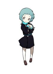  1girl aqua_hair aqua_sweater black_jacket black_skirt brown_shoes commentary english_commentary full_body gekkoukan_high_school_uniform grey_eyes hand_on_own_chest highres jacket lips long_sleeves official_art oribe_hanako pantyhose parted_lips persona persona_3 persona_q:_shadow_of_the_labyrinth persona_q_(series) pink_lips school_uniform second-party_source shoes short_hair simple_background skirt smile solo sweater turtleneck turtleneck_sweater white_background white_pantyhose yamagishi_fuuka 