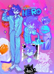  1boy barefoot bright_pupils character_name chibi collared_pajamas colored_skin commentary emoji english_text forest_bunny_(omori) fried_egg frying_pan full_body hand_up hero_(headspace)_(omori) hero_(omori) highres holding holding_frying_pan holding_teapot honshiya long_sleeves male_focus omori open_mouth pajamas pants purple_hair solo speech_bubble striped_clothes striped_pajamas striped_pants teapot teeth untranslatable_commentary vertical-striped_clothes vertical-striped_pajamas vertical-striped_pants violet_eyes white_pupils white_skin 