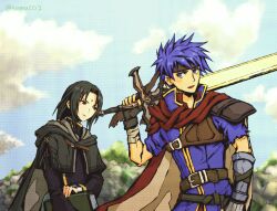  2boys black_hair blue_eyes blue_hair book commentary_request facial_mark fire_emblem fire_emblem:_path_of_radiance forehead_mark headband holding holding_book holding_sword holding_weapon ike_(fire_emblem) long_hair male_focus multiple_boys outdoors over_shoulder path red_eyes short_hair sky soren_(fire_emblem) sumuco sword sword_over_shoulder twitter_username weapon weapon_over_shoulder 