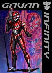  1boy armor armored_bodysuit black_bodysuit bodysuit character_mask chou_uchuu_keiji_gavan_infinity combat_helmet commentary_request full_armor gavan_infinity gun helmet highres holding holding_gun holding_weapon mask red_armor red_helmet science_fiction solo tokusatsu weapon zwei_(daybreaker_lounge) 