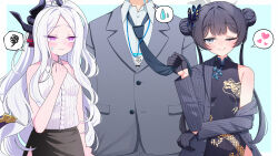  1boy 2girls black_horns blue_archive braid braided_bun butterfly_hair_ornament center_frills china_dress chinese_clothes clothes_grab commentary_request demon_girl demon_horns demon_wings double_bun dragon_print dress frills grey_eyes grey_halo hair_bun hair_ornament halo heart highres hina_(blue_archive) horns id_card jacket kisaki_(blue_archive) multiple_girls multiple_horns necktie necktie_grab neckwear_grab pinstripe_jacket pinstripe_pattern print_dress sensei_(blue_archive) shirt sleeveless sleeveless_shirt spoken_heart spoken_sweatdrop striped_clothes striped_jacket sweatdrop umin0buta10 vertical-striped_clothes vertical-striped_jacket violet_eyes white_hair white_shirt wings 