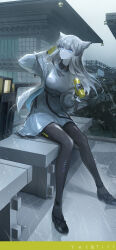 1girl absurdres animal_ears architecture arknights arknights:_endfield bare_shoulders bird_ears bird_girl black_pantyhose blue_eyes coat commentary_request dress east_asian_architecture full_body gloves grey_hair high_heels highres long_hair long_sidelocks off_shoulder pantyhose perlica_(arknights) rain sidelocks sitting sleeveless sleeveless_dress solo white_coat white_dress yanchiaitizao 