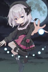  1girl absurdres beret black_boots black_bow black_choker black_hat black_jacket black_shirt boots bow choker closed_mouth clouds commentary_request commission cross cross_choker energy_ball fingernails floating flower footwear_bow frilled_shirt_collar frilled_skirt frills full_body full_moon grey_hair hair_bow hat highres jacket long_sleeves looking_at_viewer moon night off_shoulder open_clothes open_hand open_jacket original pink_flower pink_rose red_skirt rose shirt shirt_tucked_in short_hair skeb_commission skirt sky sleeve_cuffs smile solo star_(sky) starry_sky violet_eyes white_bow yadorii 
