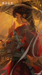  1girl absurdres arm_behind_back black_hair chinese_clothes closed_eyes from_side hair_bun hand_up hanfu highres holding holding_sword holding_weapon indoors jian_(weapon) long_hair mole mole_above_eye paper_heron profile red_hanfu reverse:1999 solo sword upper_body weapon weimao 