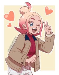  1girl artist_name blonde_hair blue_eyes border heart highres jacket looking_at_viewer multicolored_hair one_eye_closed pokemon pokemon_(creature) pokemon_legends:_z-a red_hair sakurarose12 shorts solo solo_focus taunie_(pokemon) two-tone_hair v white_border white_shorts yellow_background 