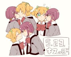  !? 2girls :| arm_at_side bbr_brbr bell black-framed_eyewear black_trim blonde_hair blush_stickers bow bowtie closed_eyes closed_mouth collared_shirt commentary_request cropped_torso daiba_nana dated dot_nose face-to-face facing_another flipped_bangs glasses green_eyes green_ribbon grey_jacket hair_bell hair_ornament hair_over_eyes hair_over_shoulder hair_ribbon heart hoshimi_junna imminent_kiss jacket kiss kiss_day long_hair looking_at_viewer low_side_ponytail multiple_girls multiple_views one_eye_closed open_clothes open_jacket purple_hair red_bow red_bowtie ribbon school_uniform seishou_music_academy_uniform shirt short_hair shoujo_kageki_revue_starlight sidelocks simple_background small_sweatdrop smile two_side_up white_background white_shirt yuri 