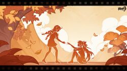  2girls ahoge autumn autumn_leaves braid chinese_commentary commentary_request copyright_logo game_cg highres honkai_(series) honkai_impact_3rd kiana_kaslana knees_up leaf logo long_hair multiple_girls nature official_art outdoors raiden_mei reaching reaching_towards_another shoes sitting skirt standing tree twin_braids very_long_hair 