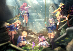  6+girls absurdres aikawa_megumi asakura_karen_(heaven_burns_red) black_hair blonde_hair blue_eyes bow bowtie braid brown_hair clothes_around_waist commentary_request daizou_(daizuuuu) flower glasses glowing glowing_eyes grass greatsword green_eyes hair_ornament heaven_burns_red highres holding holding_scythe holding_weapon hood hoodie izumi_yuki_(heaven_burns_red) kayamori_ruka kunimi_tama low_twintails multiple_girls neck_ribbon necktie pink_eyes pink_hair red_eyes ribbon ruins school_uniform scythe short_hair sword toujou_tsukasa twintails weapon 