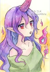  1girl 2zuz4hru breasts collarbone commentary_request fire green_shirt highres horns long_hair off-shoulder_shirt off_shoulder painting_(medium) pointy_ears purple_horns red_eyes shirt short_sleeves single_horn small_breasts solo tenkajin_chiyari touhou traditional_media very_long_hair watercolor_(medium) wavy_hair 