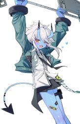  1girl absurdres arms_up black_choker black_necktie blue_jacket blue_oni blue_skin changmi choker collared_shirt colored_skin commentary_request cowboy_shot demon_girl dot_nose earrings fang heart highres holding holding_sword holding_weapon horns jacket jewelry long_hair long_sleeves necktie one_eye_closed oni open_clothes open_jacket open_mouth orange_eyes pleated_skirt pointy_ears shirt simple_background skin-covered_horns skirt solo soukaku_(zenless_zone_zero) sword weapon white_background white_hair white_shirt zenless_zone_zero 