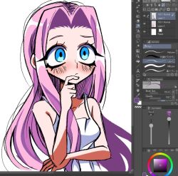  1girl art_program_in_frame bare_shoulders blue_eyes closed_mouth dress english_commentary long_hair mimiyori original pink_hair solo thinking toon_(style) white_background white_dress 