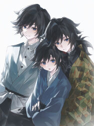  3boys absurdres age_comparison aged_down black_hair blue_eyes blue_kimono closed_mouth collared_shirt commentary_request haori highres hug hug_from_behind japanese_clothes kimetsu_no_yaiba kimono long_hair long_sleeves looking_at_viewer low_ponytail male_focus multiple_boys open_mouth ponytail print_kimono shirt short_hair simple_background thorn72132528 time_paradox tomioka_giyuu upper_body white_background white_shirt 