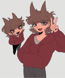  1boy :d androgynous animification antenna_hair bandage_on_cheek black_nails brown_hair commentary cowboy_shot drawstring eddsworld fang flipped_hair from_above grey_background grey_pants grey_shirt hair_ears hand_in_pocket hands_in_pockets hashtag-only_commentary highres hood hood_down hoodie long_sleeves looking_at_viewer looking_up male_focus multiple_views pants red_eyes red_hoodie shirt short_hair simple_background smile solo_focus standing thick_eyelashes tord_(eddsworld) v whalebone_(muffinsuki) 