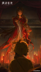  2girls absurdres black_hair blue_eyes candle chinese_clothes closed_mouth copyright_name copyright_notice dark facial_mark facing_another fire forehead_mark from_behind from_below hair_branch hair_bun half-closed_eyes hanfu hat_on_back headscarf highres holding holding_sword holding_weapon indoors jian_(weapon) light_smile logo long_hair looking_down mayfly_(reverse:1999) mole mole_above_eye multiple_girls official_art official_wallpaper paper_heron pointing pointing_at_another pointing_melee_weapon pointing_sword red_hanfu reverse:1999 standing sword weapon weimao 