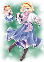  1girl absurdres alice_margatroid blonde_hair blue_dress blue_eyes book boots bow bowtie brown_boots capelet commentary_request doll dress frilled_sash full_body hairband hajimakura highres holding holding_book jewelry knee_boots long_sleeves looking_at_viewer medium_hair open_mouth pink_sash puppet_rings puppet_strings red_bow red_bowtie red_hairband ring sash shanghai_doll smile solo touhou 