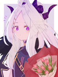  1girl ahoge black_coat blue_archive blush border bouquet closed_mouth coat commentary_request demon_horns dress fur-trimmed_coat fur_trim highres hina_(blue_archive) horns long_hair looking_at_viewer no_halo notice_lines outside_border parted_bangs parted_lips purple_background purple_dress simple_background solo tanutika upper_body violet_eyes watermark white_border 
