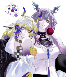  2girls absurdres arknights black_jacket blonde_hair blue_eyes blue_hair chinese_commentary colored_skin commentary_request dragon_bean_(arknights) dragon_girl dragon_horns earrings flying_sweatdrops grey_hair highres horns jacket jacket_on_shoulders jewelry jun_(arknights) long_sleeves looking_at_another molen106 multiple_girls nervous parted_lips pom_pom_(clothes) pom_pom_earrings purple_hair purple_skin shu_(arknights) siblings simple_background sisters sleeveless sweat violet_eyes white_background yellow_skin 